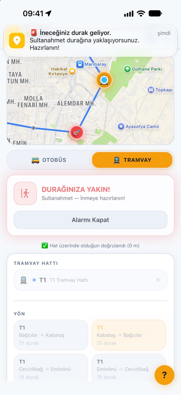 Durağa yaklaşınca gelen bildirim ve Durağınıza Yakın alarm kartı