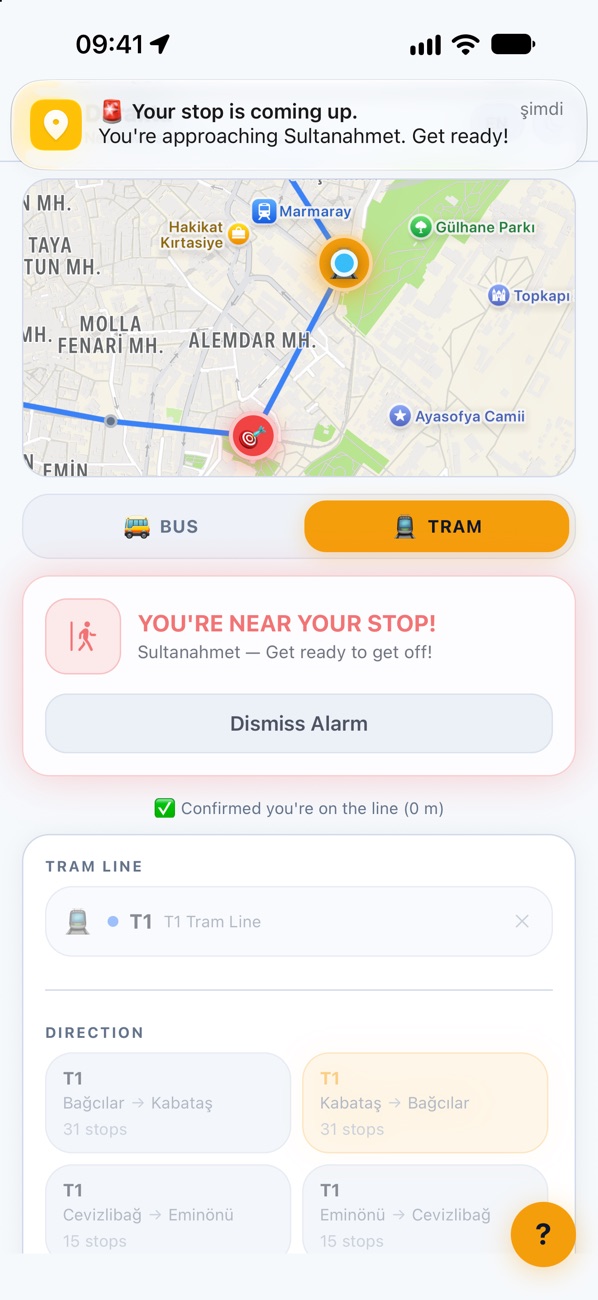 Notification and You're near your stop alarm card