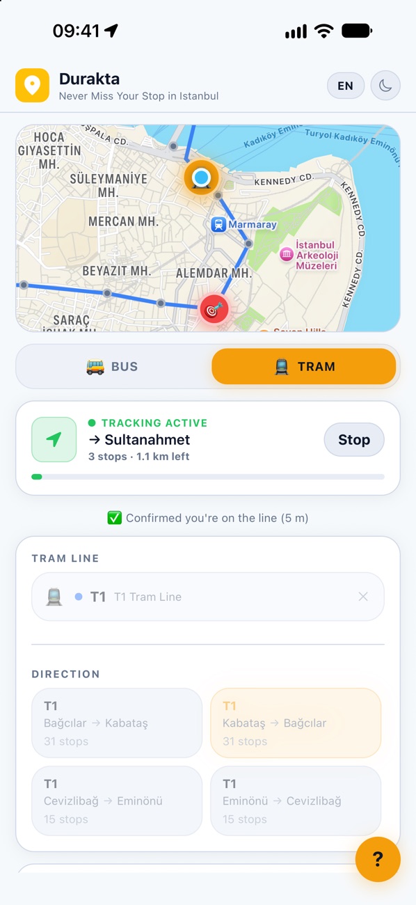 Durakta tracking screen: map and Tracking Active card