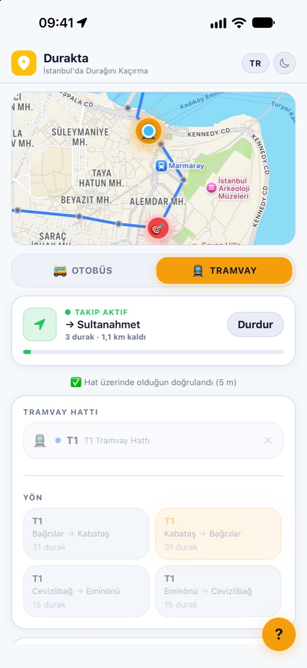 Durakta takip ekranı: harita ve Takip Aktif kartı